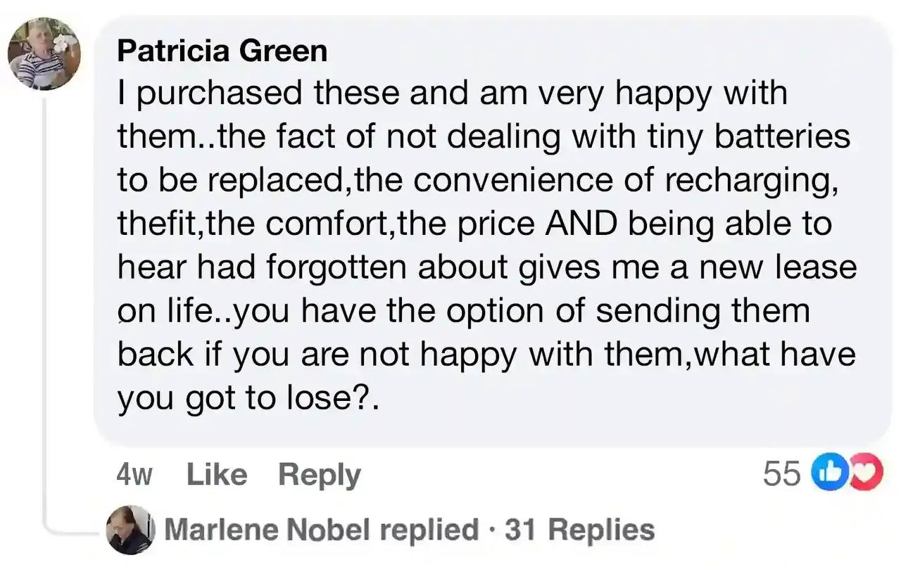 Facebook comment from Patricia Green praising the rechargeable fit, comfort and price of HearWell by Nebroo