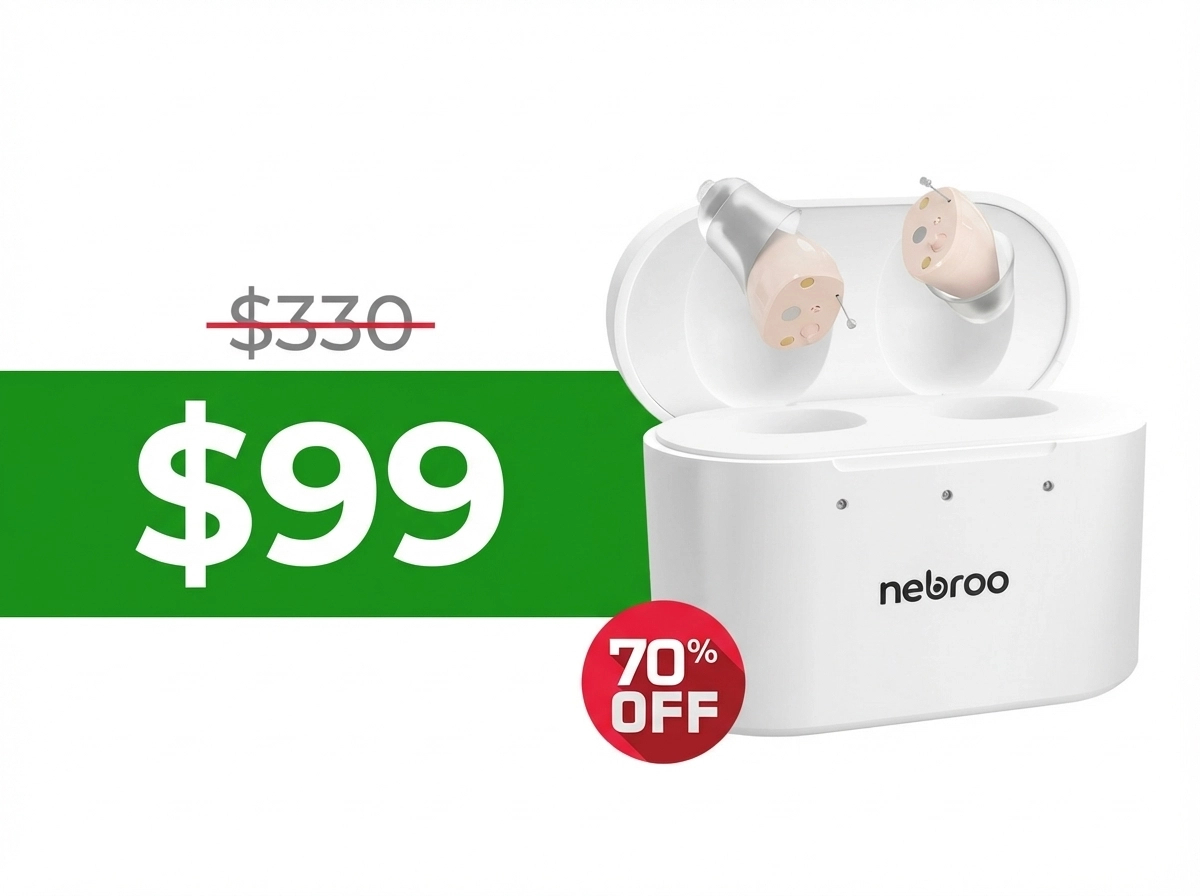Nebroo hearing aids with charging case — $330 reduced to $99, 70% off