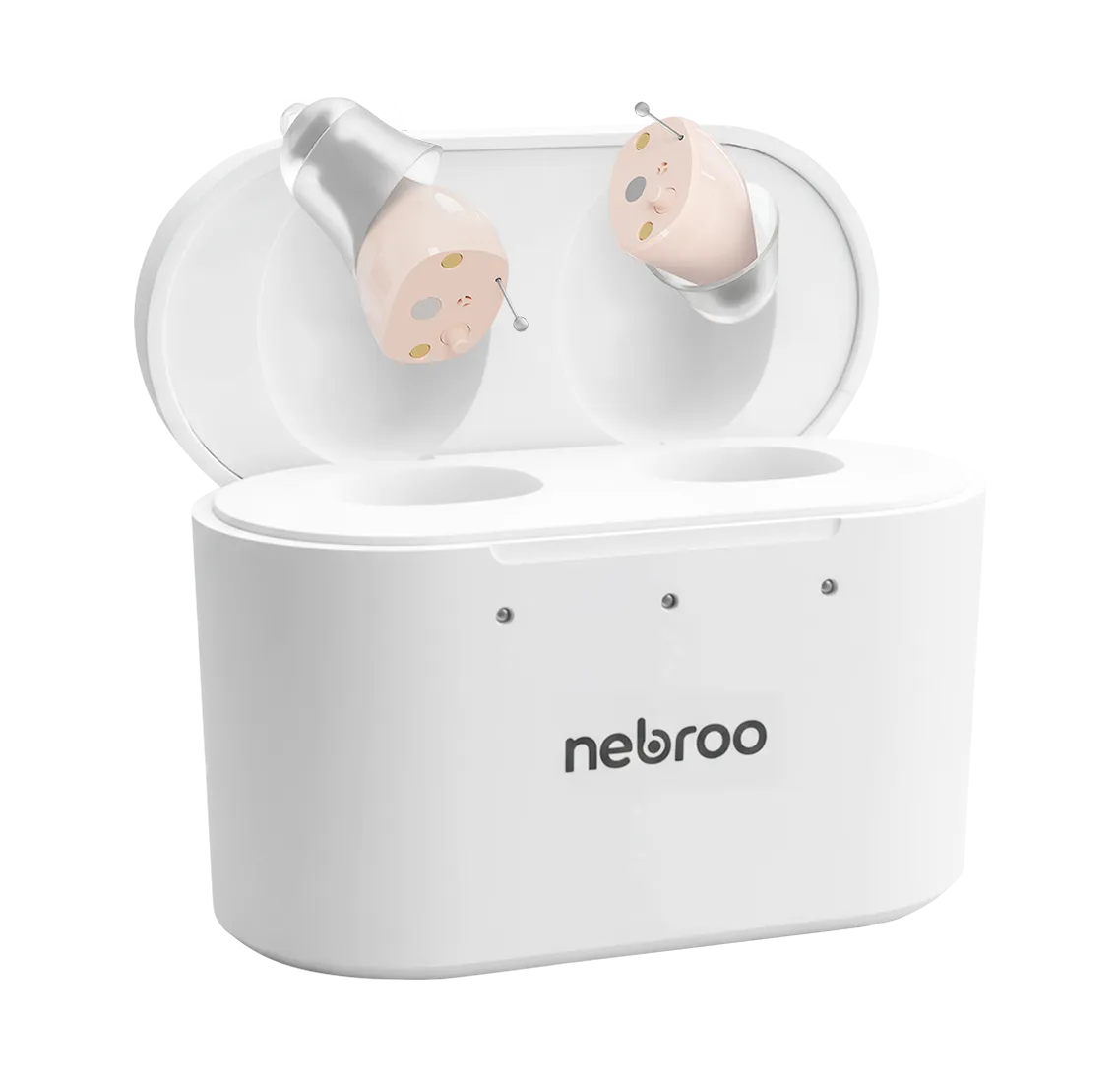 Nebroo CIC hearing aids in their charging case